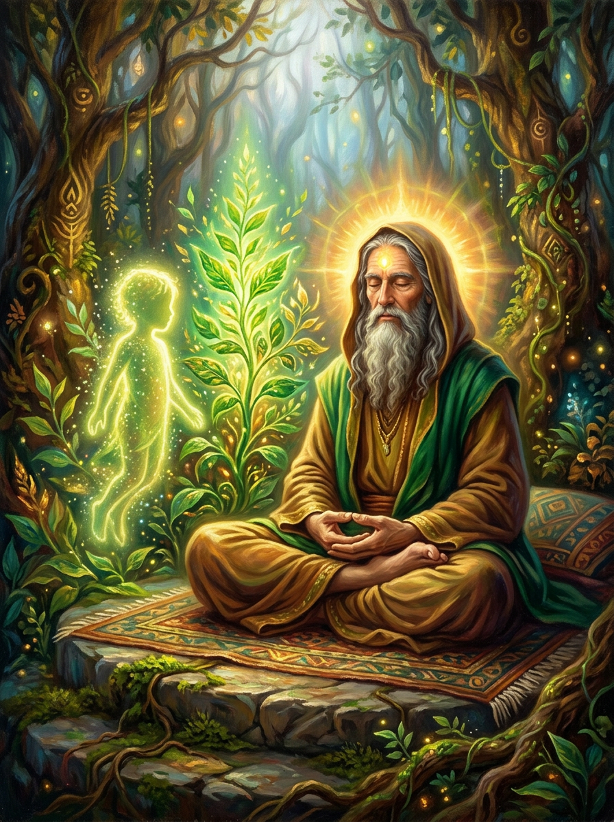 Sábio meditando diante de uma planta